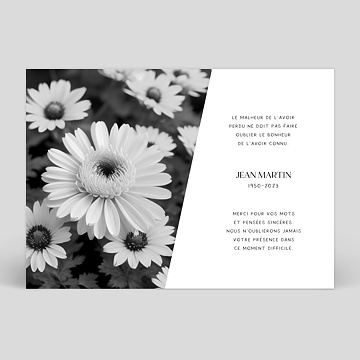 Carte remerciement décès Fleurs photo noir et blanc