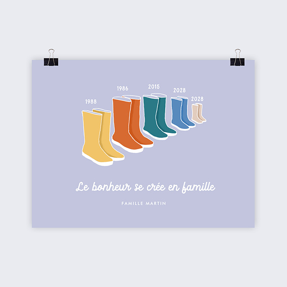 Affiche Naissance Famille Bottes 3 Enfants