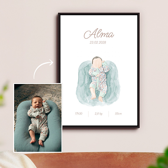 Affiche naissance Portrait aquarelle aligné