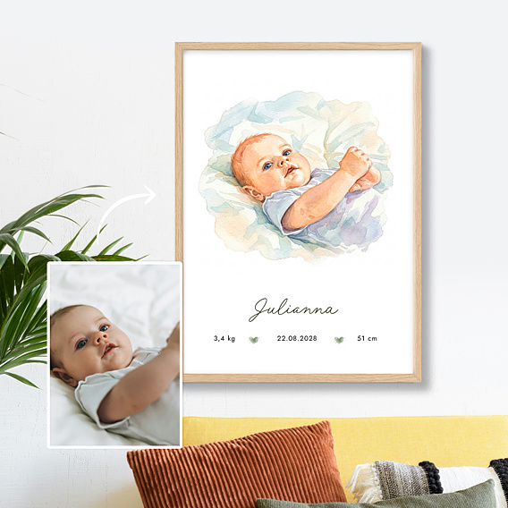 Affiche naissance Portrait en aquarelle