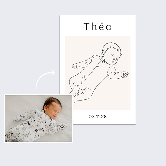 Affiche Naissance Portrait line art détaillé