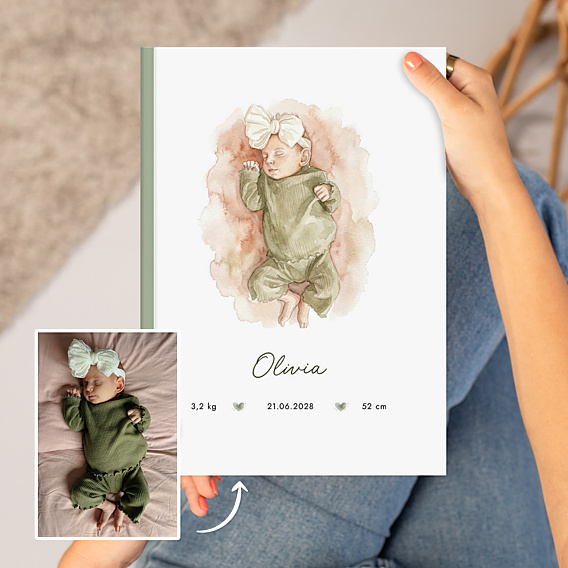 Album photo naissance Portrait en aquarelle