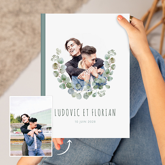 Album Photo Mariage Portrait en aquarelle avec couronne eucalyptus