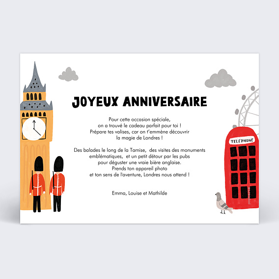 Carte anniversaire Bon pour voyage Londres Verso