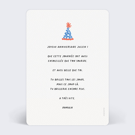Carte anniversaire Chapeau de Fête Verso