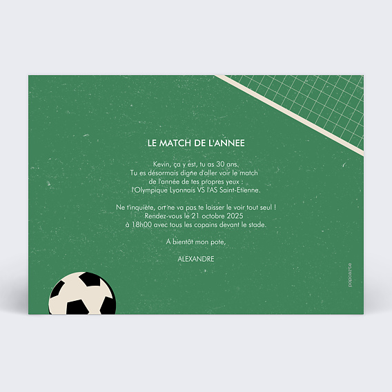 Carte anniversaire Billet de Foot Verso