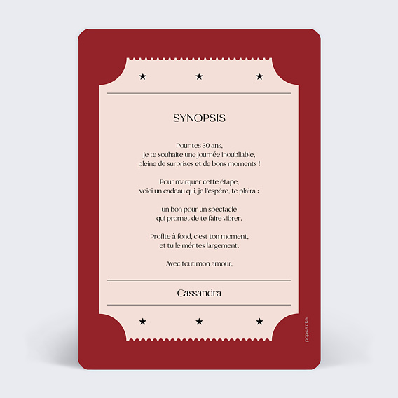 Carte anniversaire Ticket de spectacle Verso