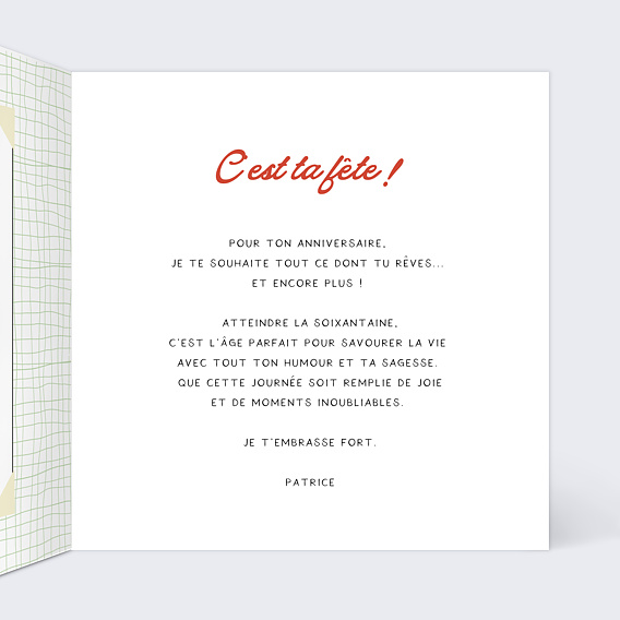 Carte anniversaire Objets des années 60 Intérieur Droit