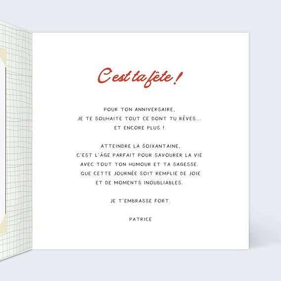 Carte anniversaire Objets des années 60 Intérieur Droit