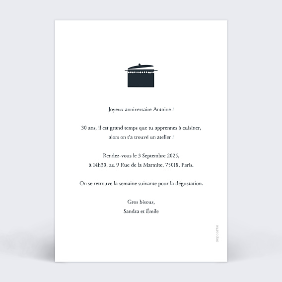 Carte anniversaire Bon Pour Cuisine  Verso