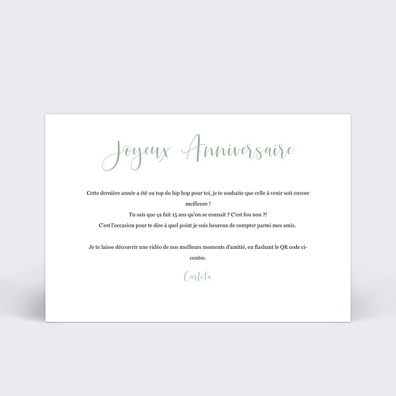 Carte anniversaire Ajoutez votre vidéo via un QR Code Verso
