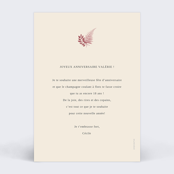 Carte anniversaire Esprit Floral  Verso