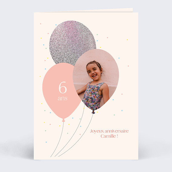Carte anniversaire enfant Ballon Glitter Fille