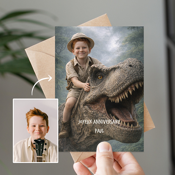 Carte anniversaire enfant Portrait avec dinosaure