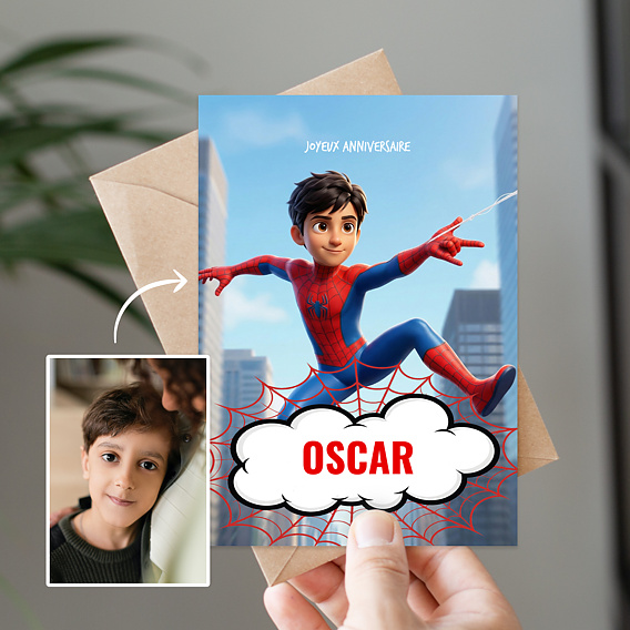 Carte anniversaire enfant Portrait en super héros araignée