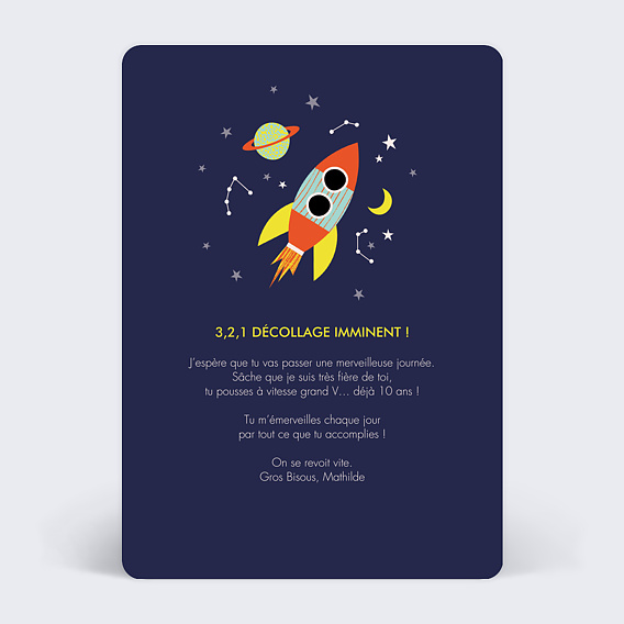 Carte anniversaire enfant Dans l'Espace Verso