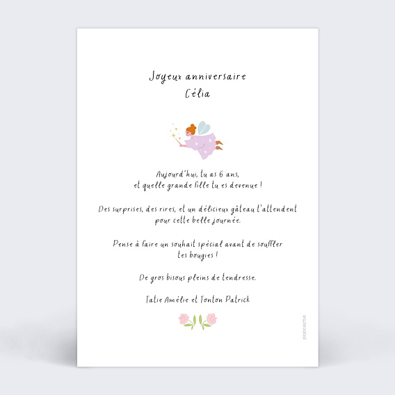 Carte anniversaire enfant Fée du jardin Verso