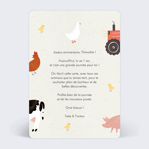 Carte anniversaire enfant La Ferme des Animaux Verso