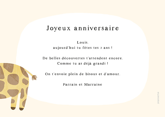 Carte anniversaire enfant Petite Girafe Verso