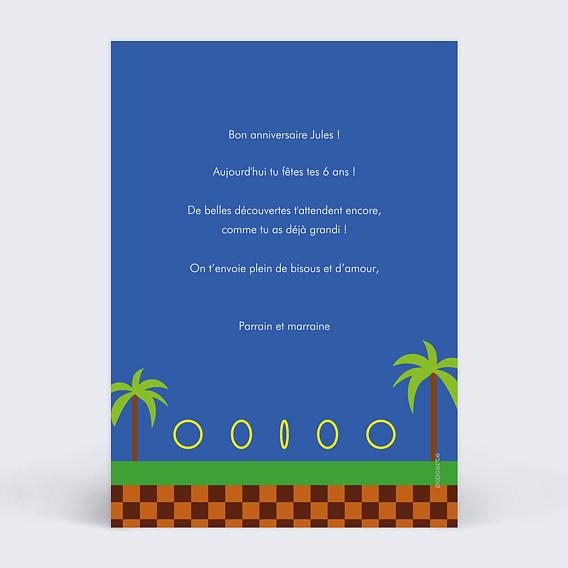 Carte anniversaire enfant Vitesse Supersonique Verso