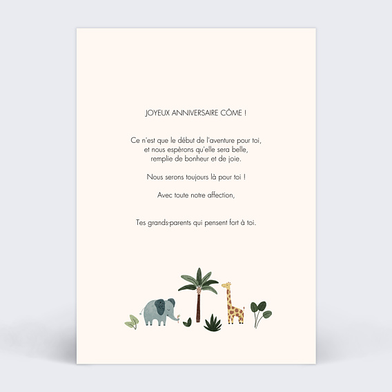 Carte anniversaire enfant Petite Jungle Verso