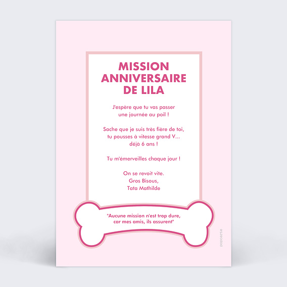 Carte anniversaire enfant Patrouille Party Rose Verso