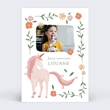 Carte Anniversaire enfant Licorne Fleurie