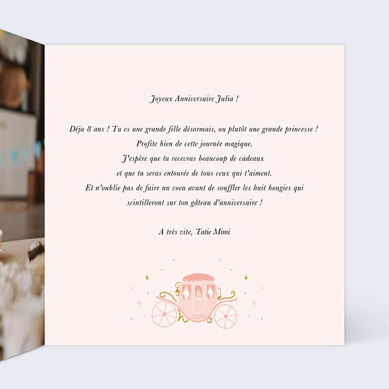 Carte anniversaire enfant Princesse Carrosse Intérieur Droit