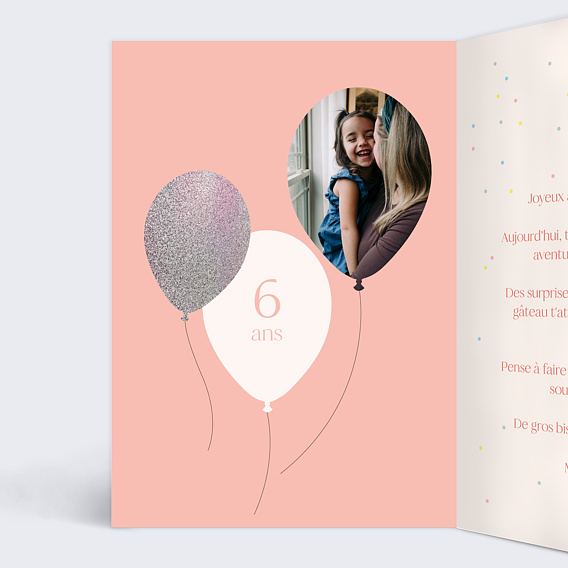 Carte anniversaire enfant Ballon Glitter Fille Intérieur Gauche