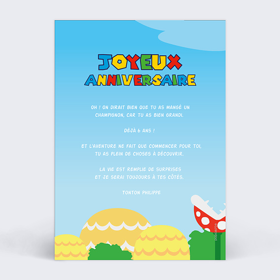 Carte anniversaire enfant Monde d'Aventures Verso
