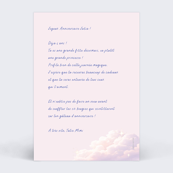 Carte anniversaire enfant Portrait avec licorne Verso
