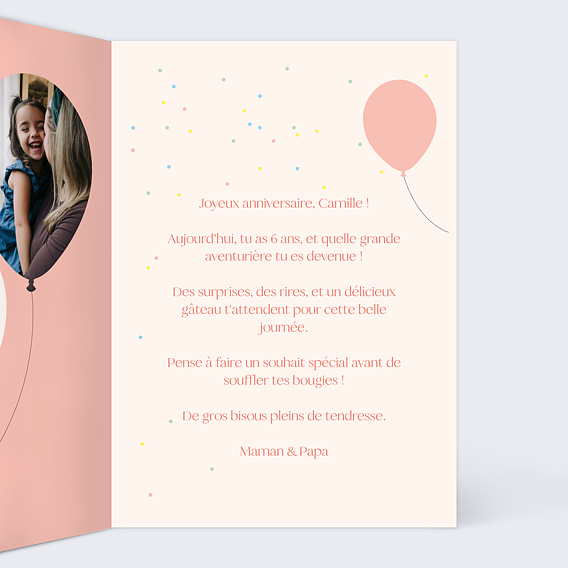 Carte anniversaire enfant Ballon Glitter Fille Intérieur Droit