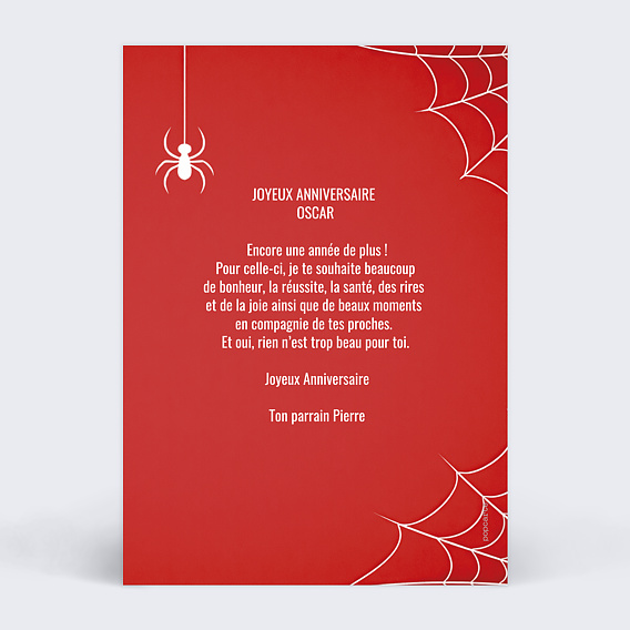 Carte anniversaire enfant Portrait en super héros araignée Verso