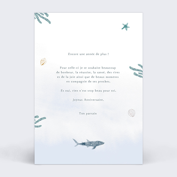 Carte anniversaire enfant Monde Marin  Verso