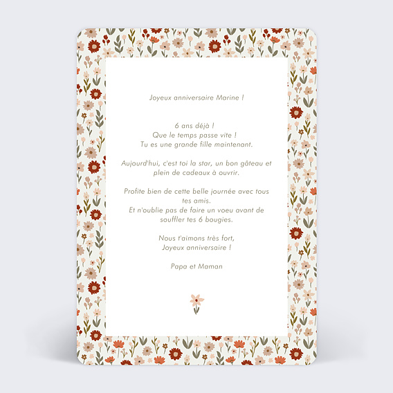Carte anniversaire enfant Petites Fleurs Verso