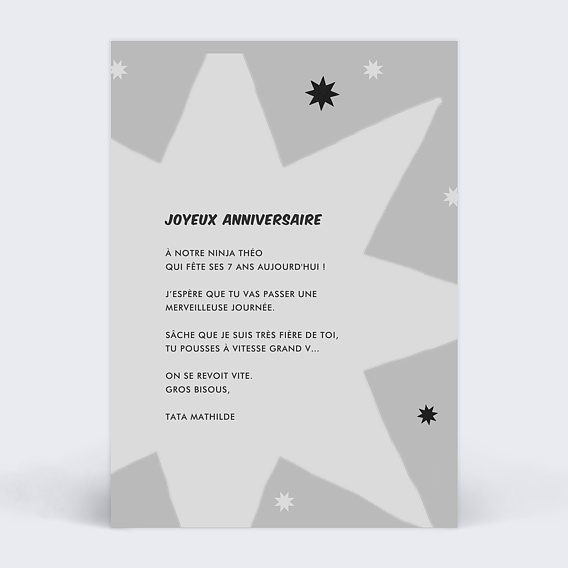 Carte anniversaire enfant Ninja Verso