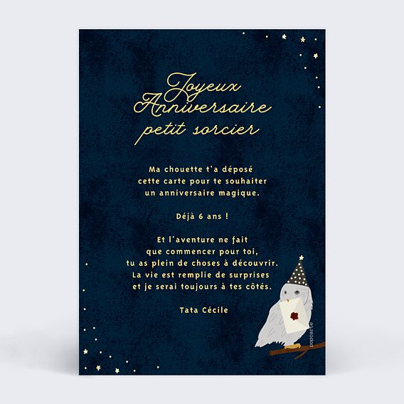 Carte anniversaire enfant Petit Sorcier Verso
