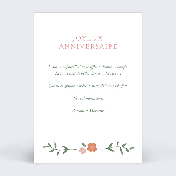 Carte anniversaire enfant Licorne Fleurie Verso