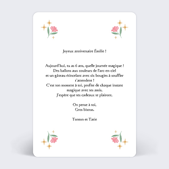 Anniversaire Enfant Licorne Rose Fleurie