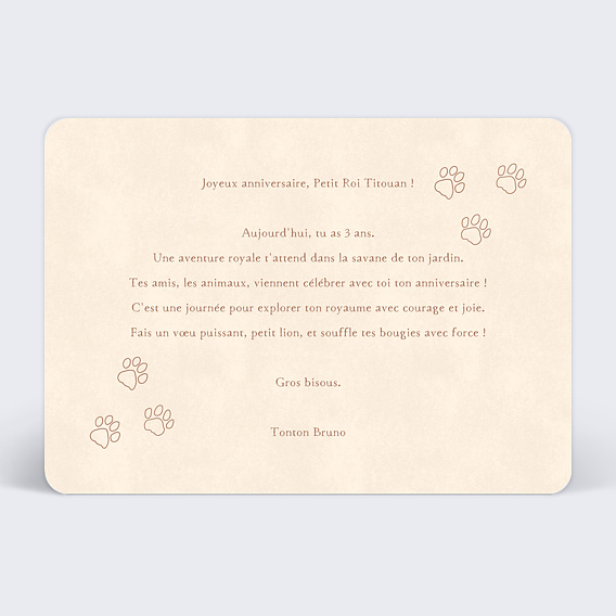 Carte anniversaire enfant Petit Roi Verso