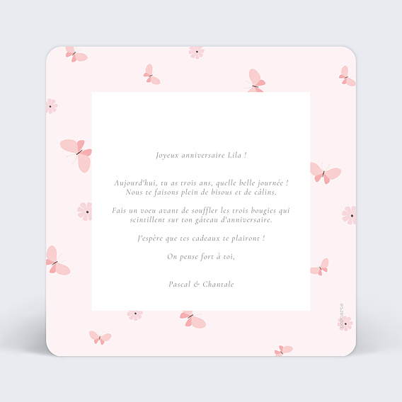 Carte anniversaire enfant Papillon Féerique Verso