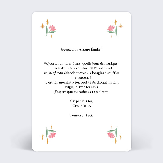 Carte anniversaire enfant Licorne Rose Fleurie Verso
