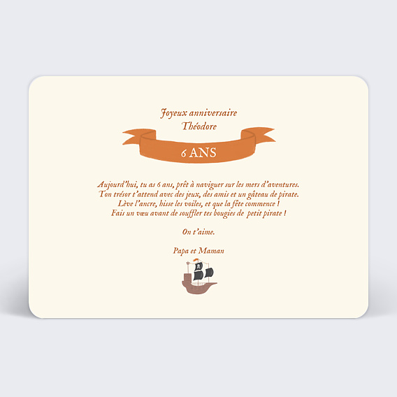 Carte anniversaire enfant Grand Pirate Verso