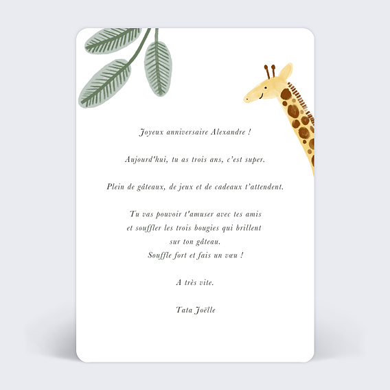 Carte anniversaire enfant Amis de la jungle Verso