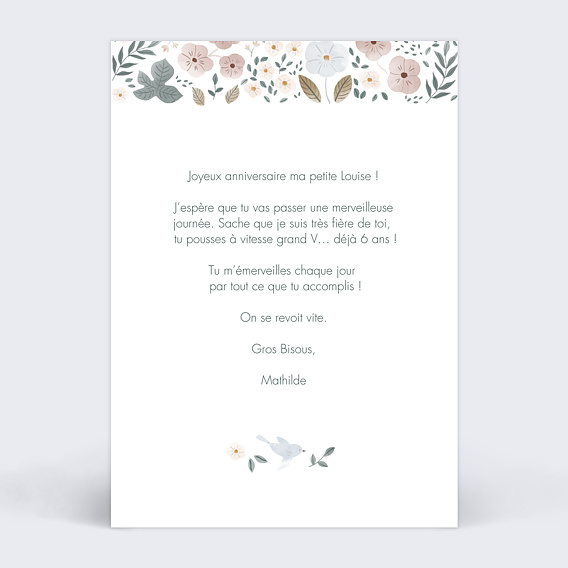Carte anniversaire enfant Frise Fleurie Verso