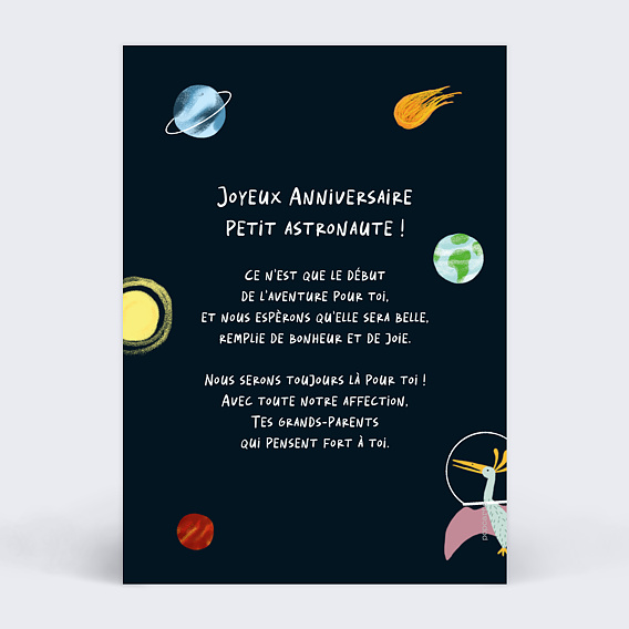 Carte anniversaire enfant Dinosaures dans l'Espace Verso