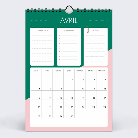 Calendrier famille Monthly planner Avril
