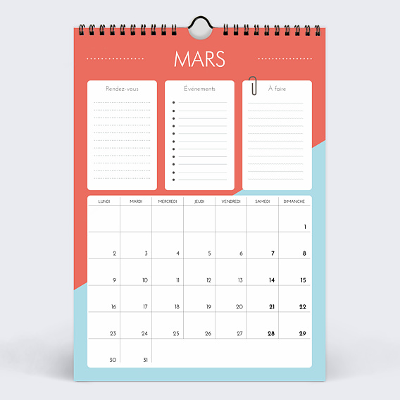 Calendrier famille Monthly planner Mars