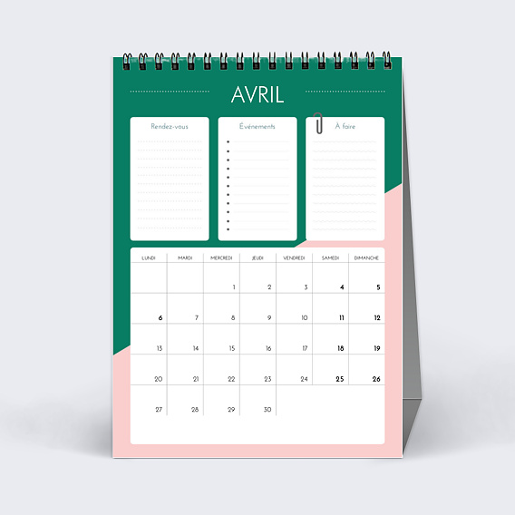 Calendrier professionnel Planning Avril