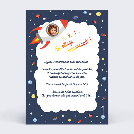 Carte anniversaire enfant Fusée Verso